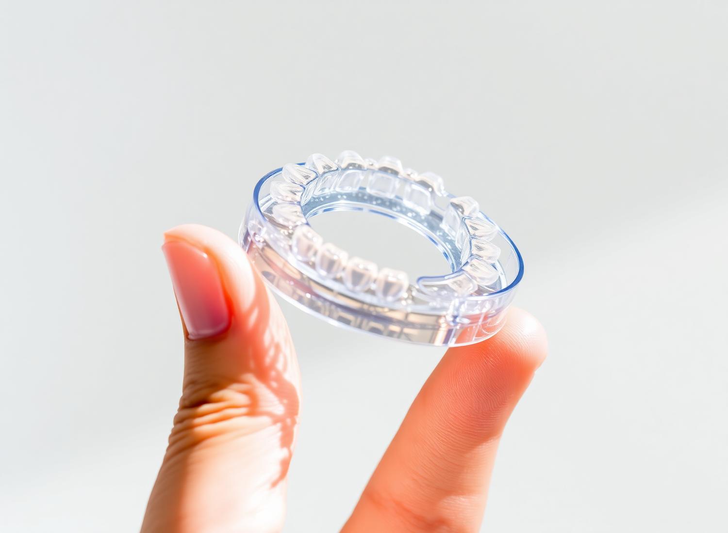 Hand holding a transparent clear dental aligner tray