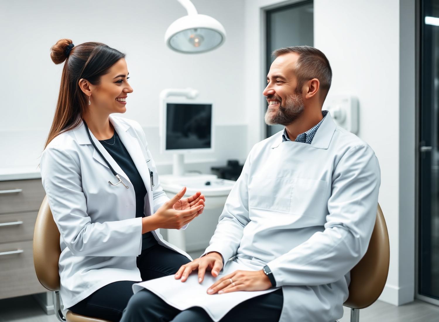 Female dentist warmly consulting an adult patient
