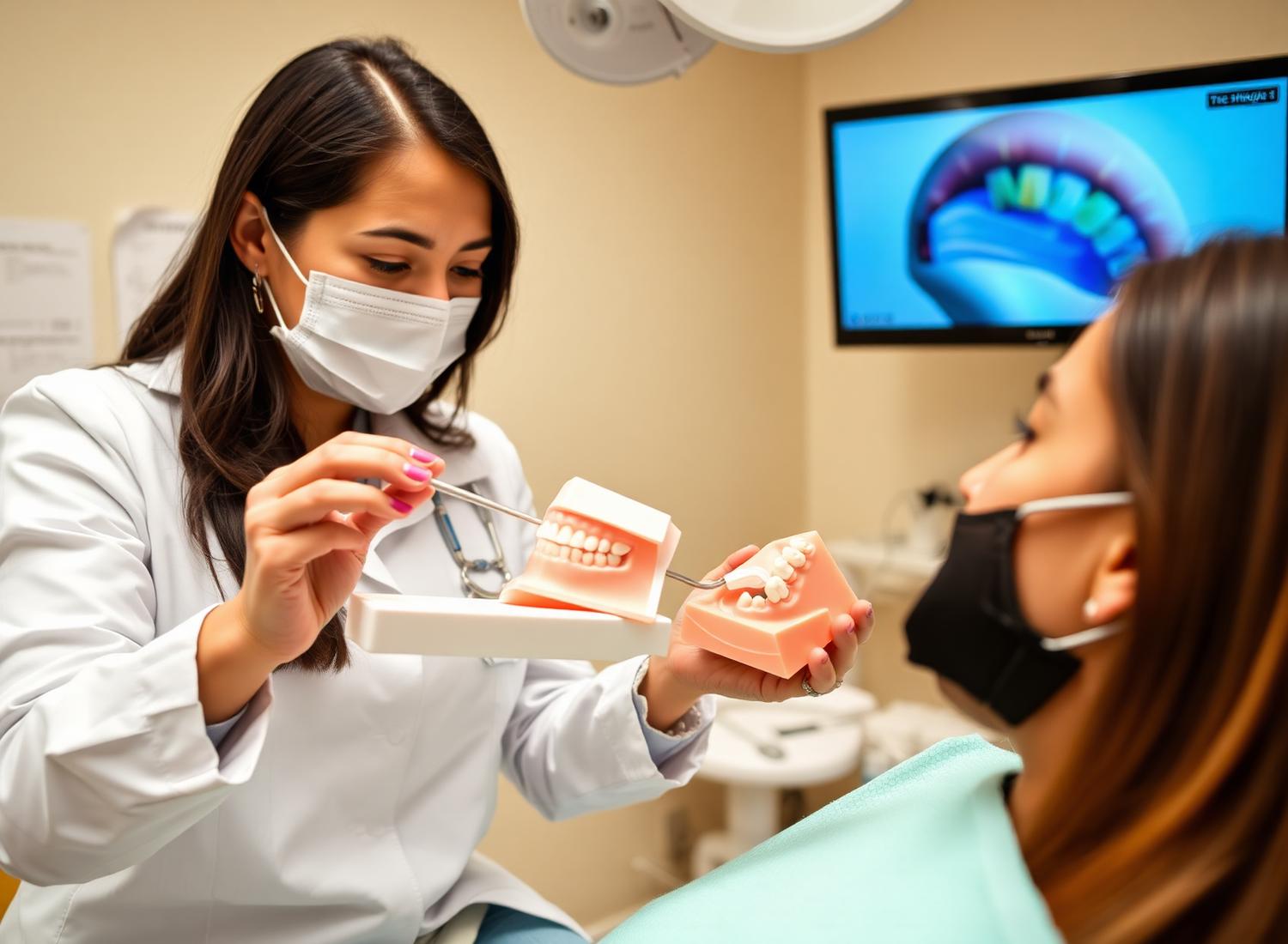 Dentist explaining a treatment plan using a dental model
