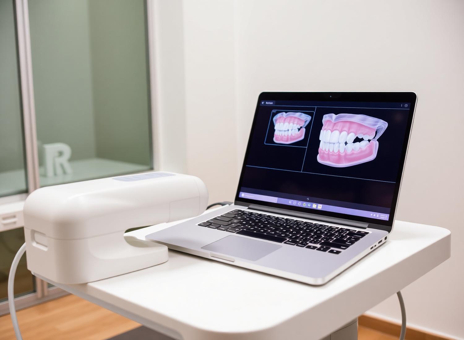 Modern intraoral dental scanner with 3D teeth model on laptop