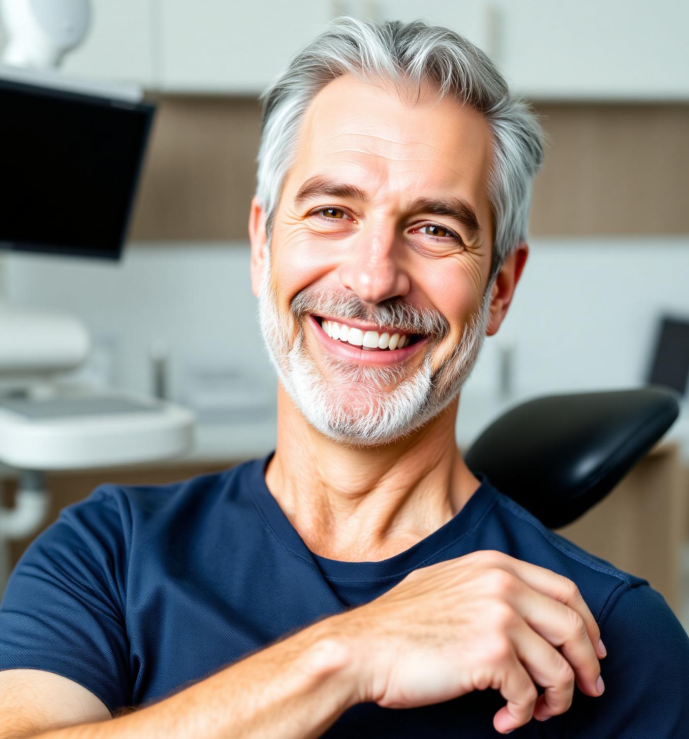 Mature adult patient smiling after dental implant treatment