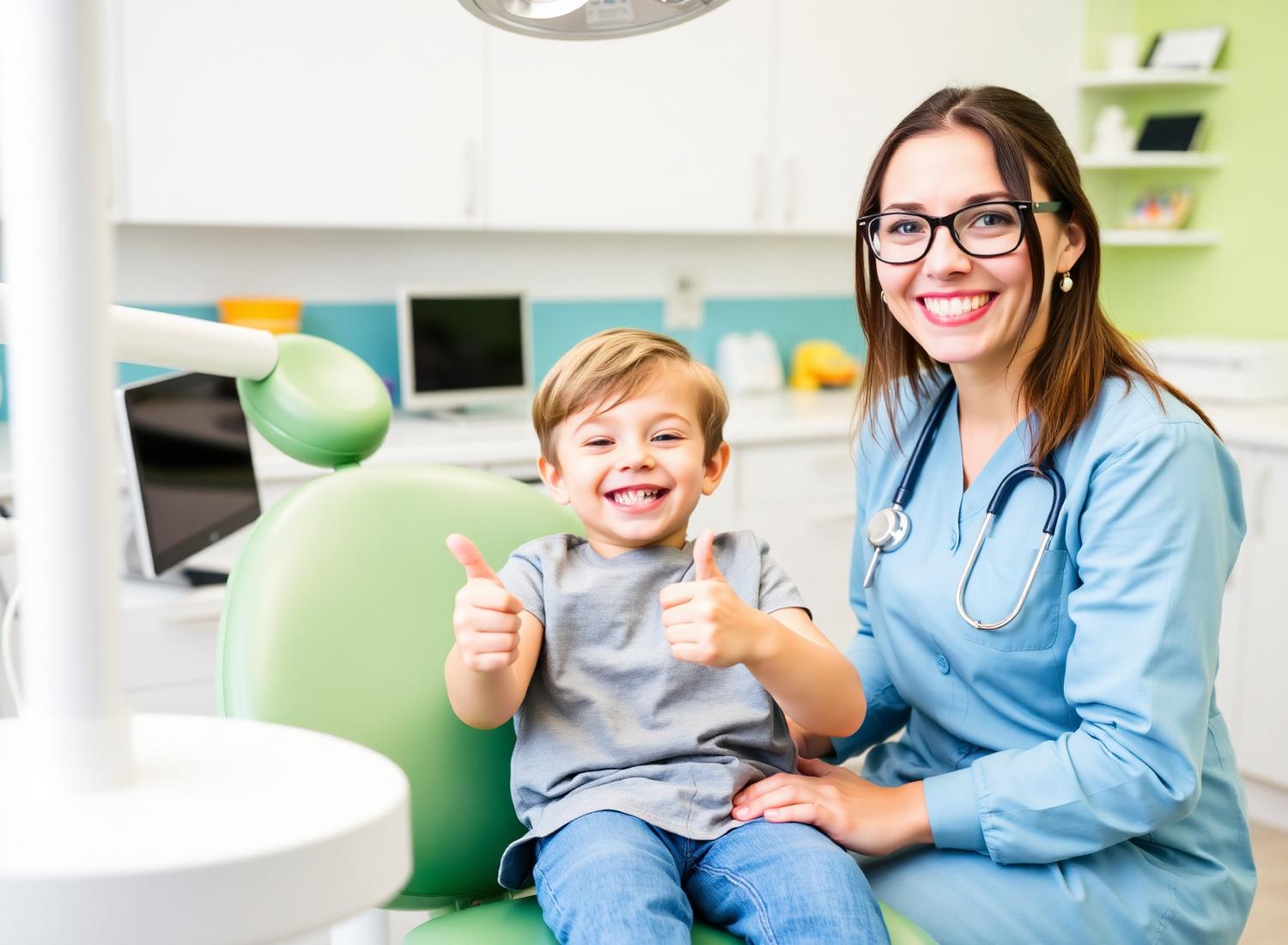 Happy child giving thumbs up with friendly pediatric dentist