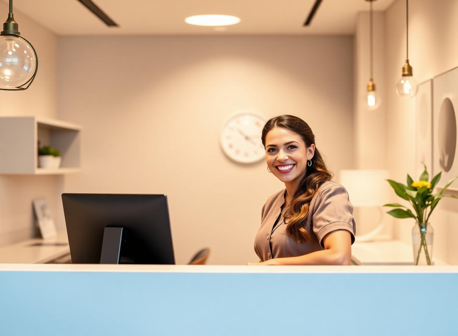 Friendly female dental receptionist smiling behind reception desk