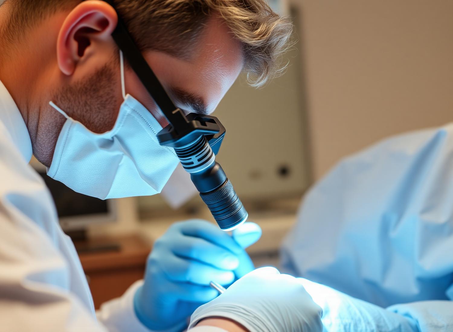 Dentist in surgical loupes performing root canal treatment