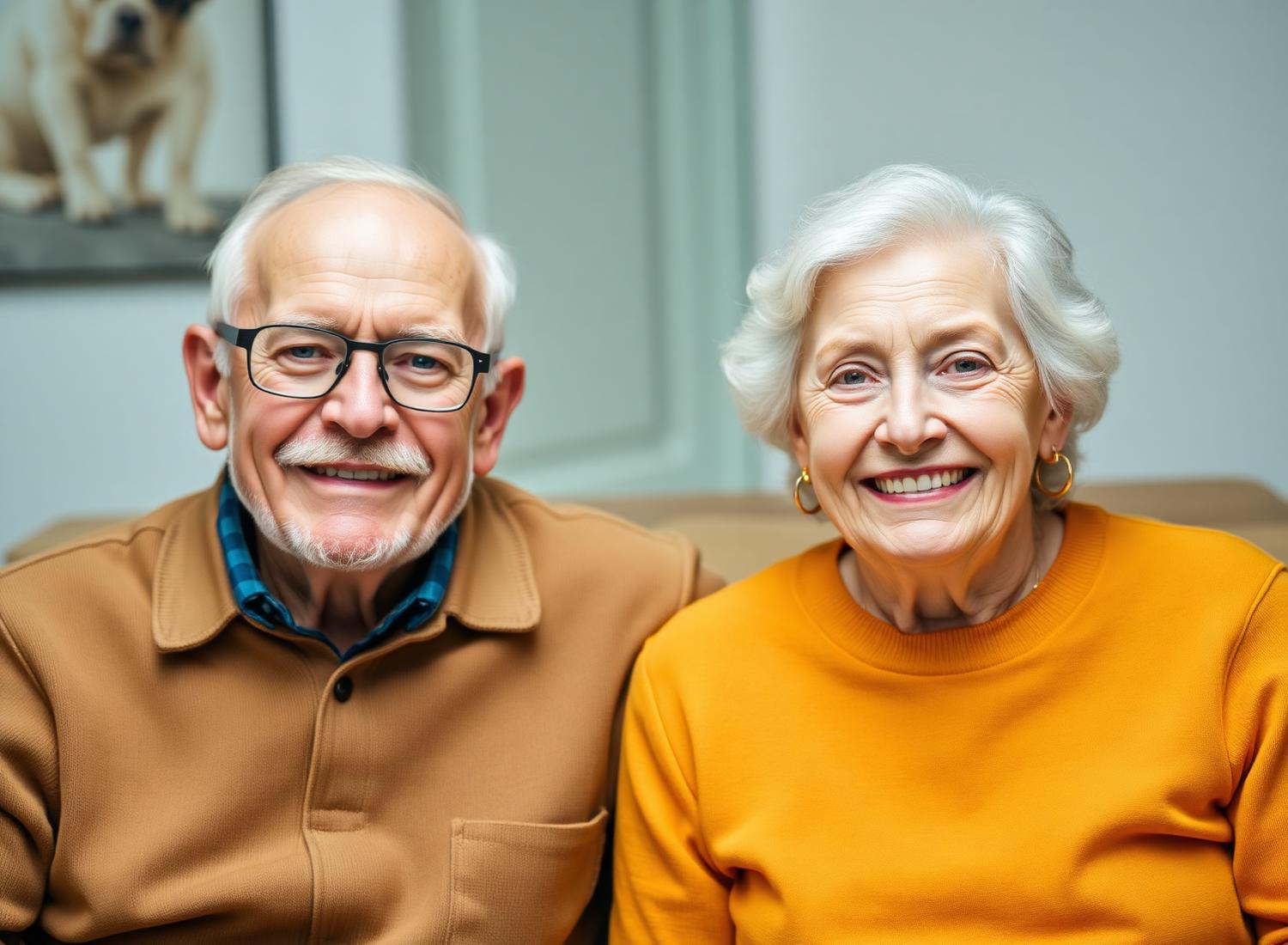 Senior couple smiling brightly after dental treatment