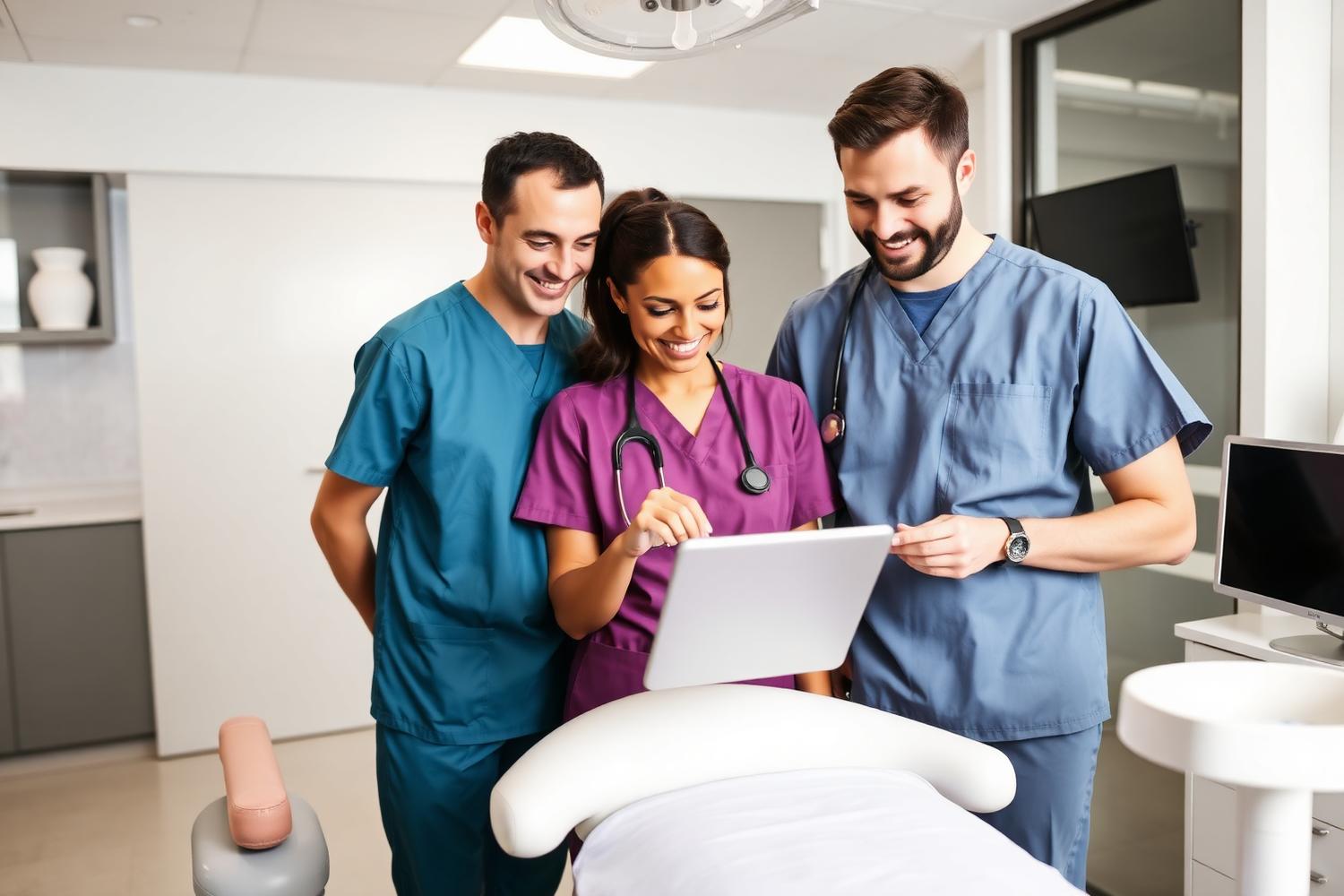 Diverse dental team collaborating around a tablet