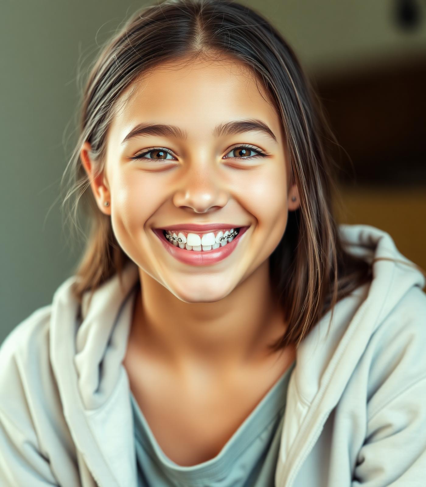Cheerful teenager smiling with metal braces
