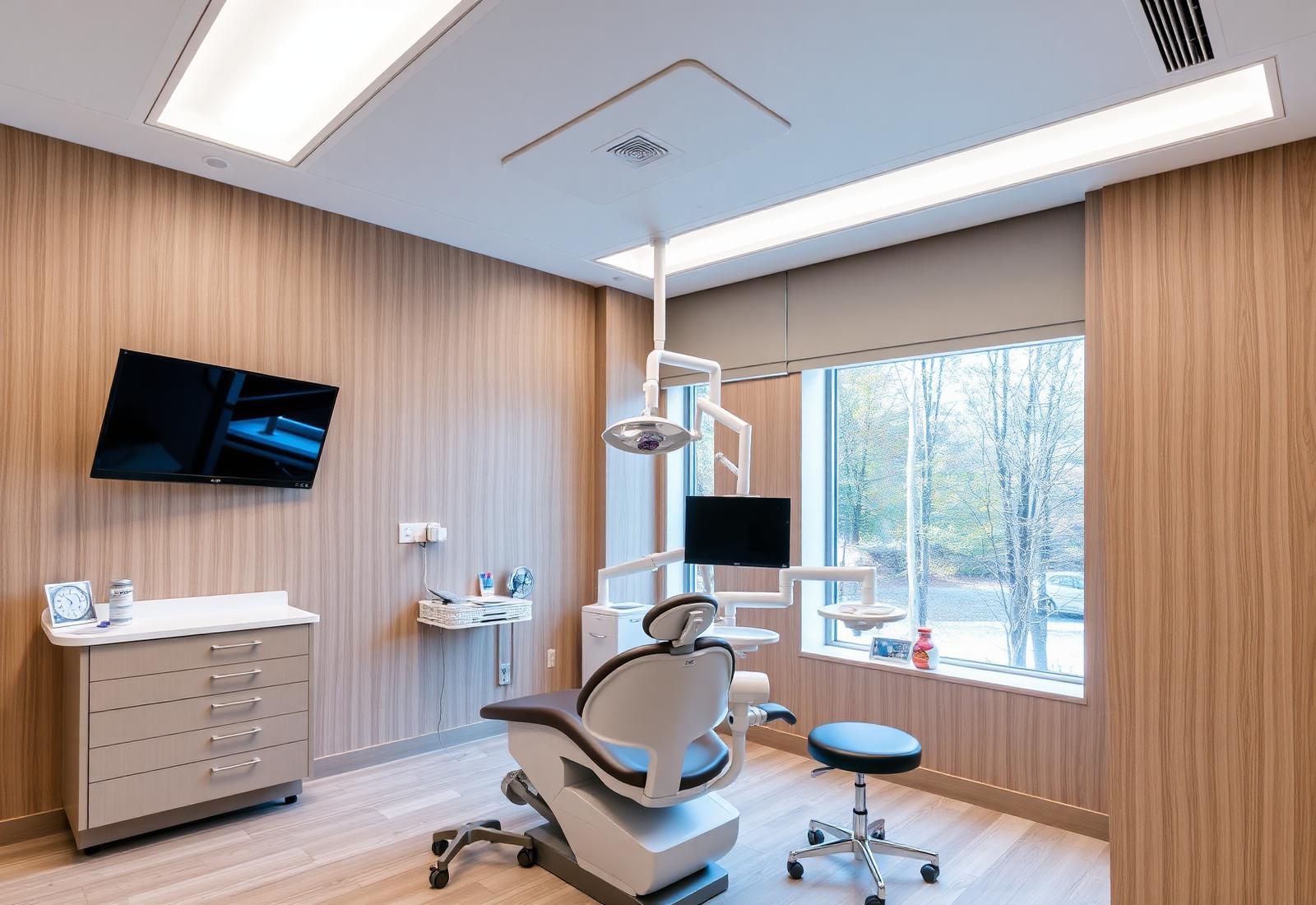 Modern dental treatment suite with sleek chair and equipment